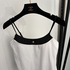 Black and white color-block halter one-piece swimsuit