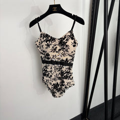 Flocked floral camisole-style one-piece swimsuit