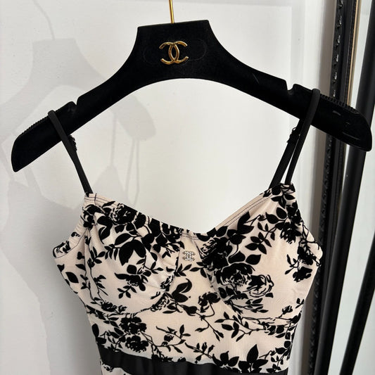 Flocked floral camisole-style one-piece swimsuit