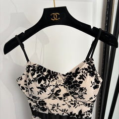 Flocked floral camisole-style one-piece swimsuit