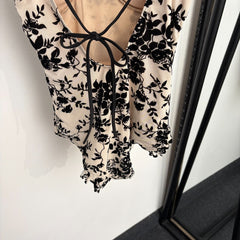 Flocked floral camisole-style one-piece swimsuit