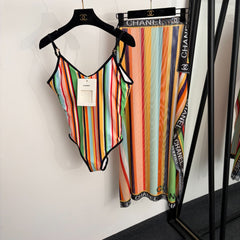 Colorful striped camisole + color-block beach skirt