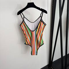 Colorful striped camisole + color-block beach skirt