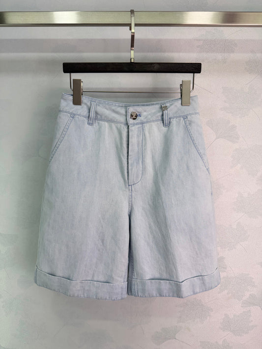 Wide-Leg Straight-Cut Linen Denim Shorts