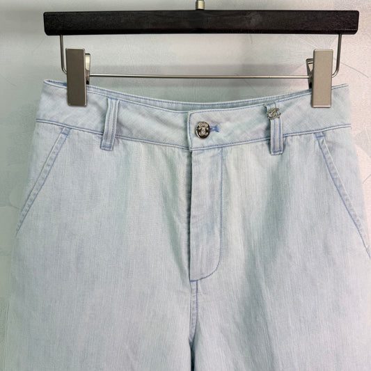 Wide-Leg Straight-Cut Linen Denim Shorts