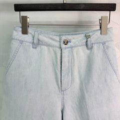 Wide-Leg Straight-Cut Linen Denim Shorts