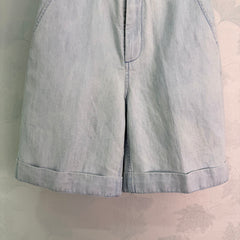 Wide-Leg Straight-Cut Linen Denim Shorts