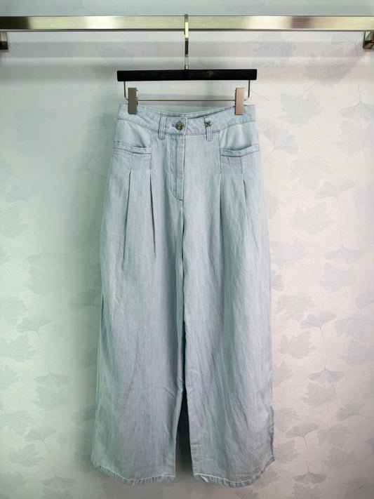 Wide-Leg Straight-Cut Linen-Denim Short-Sleeve Shirt