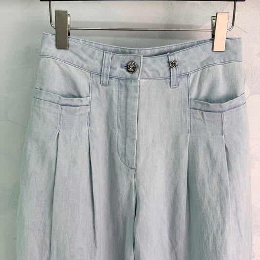 Wide-Leg Straight-Cut Linen-Denim Short-Sleeve Shirt