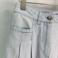 Wide-Leg Straight-Cut Linen-Denim Short-Sleeve Shirt