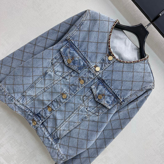 Quilted Denim Jacket with Chain Detail