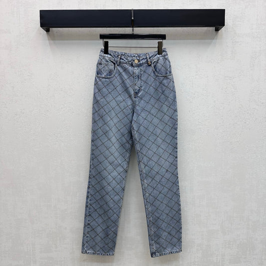 Quilted Denim Trousers with Chain Detail