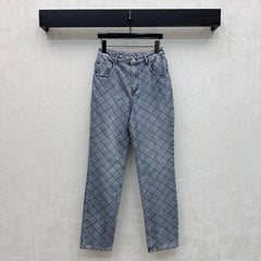 Quilted Denim Trousers with Chain Detail
