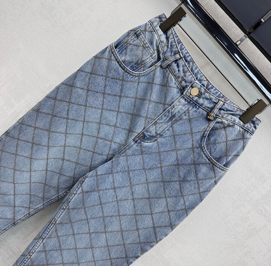 Quilted Denim Trousers with Chain Detail