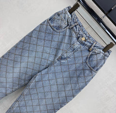 Quilted Denim Trousers with Chain Detail