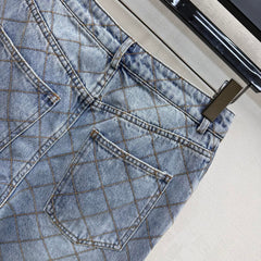 Quilted Denim Trousers with Chain Detail