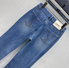 Leather-Patch Bootcut Denim Trousers