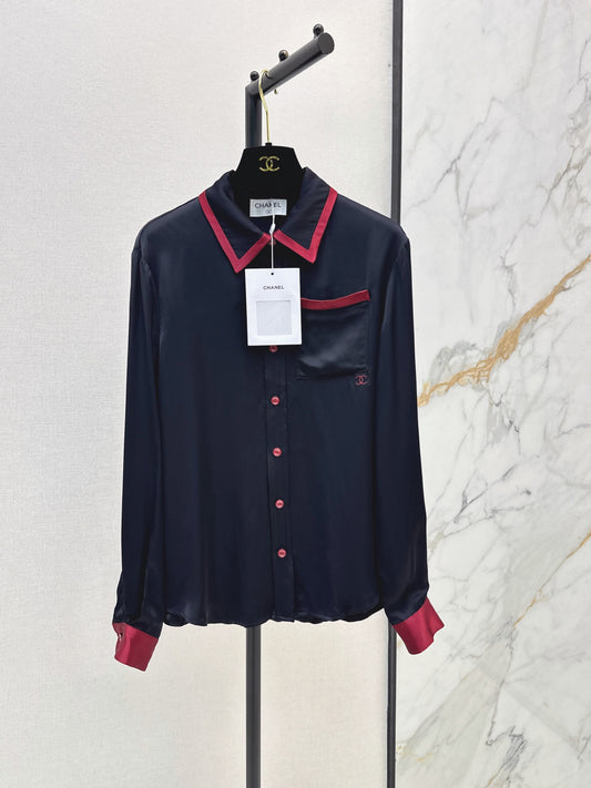 Color-Contrast Collar Long-Sleeve Rayon Shirt
