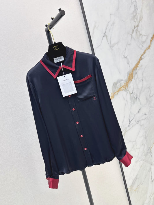 Color-Contrast Collar Long-Sleeve Rayon Shirt