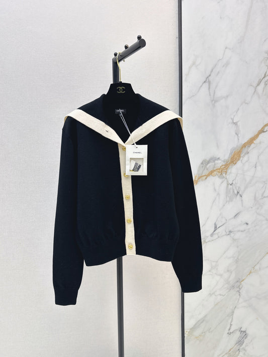 Color-block knit cardigan featuring a nautical-style collar