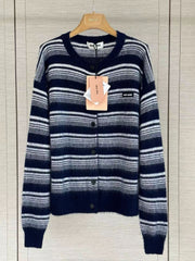 Navy and white horizontal-striped knit cardigan