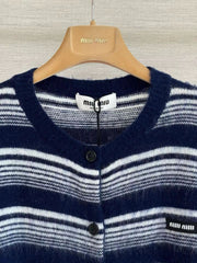 Navy and white horizontal-striped knit cardigan