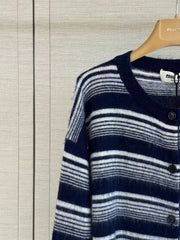 Navy and white horizontal-striped knit cardigan