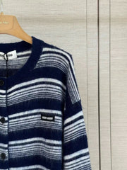 Navy and white horizontal-striped knit cardigan