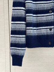 Navy and white horizontal-striped knit cardigan