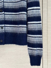 Navy and white horizontal-striped knit cardigan