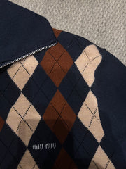 Argyle Wool Zip Cardigan