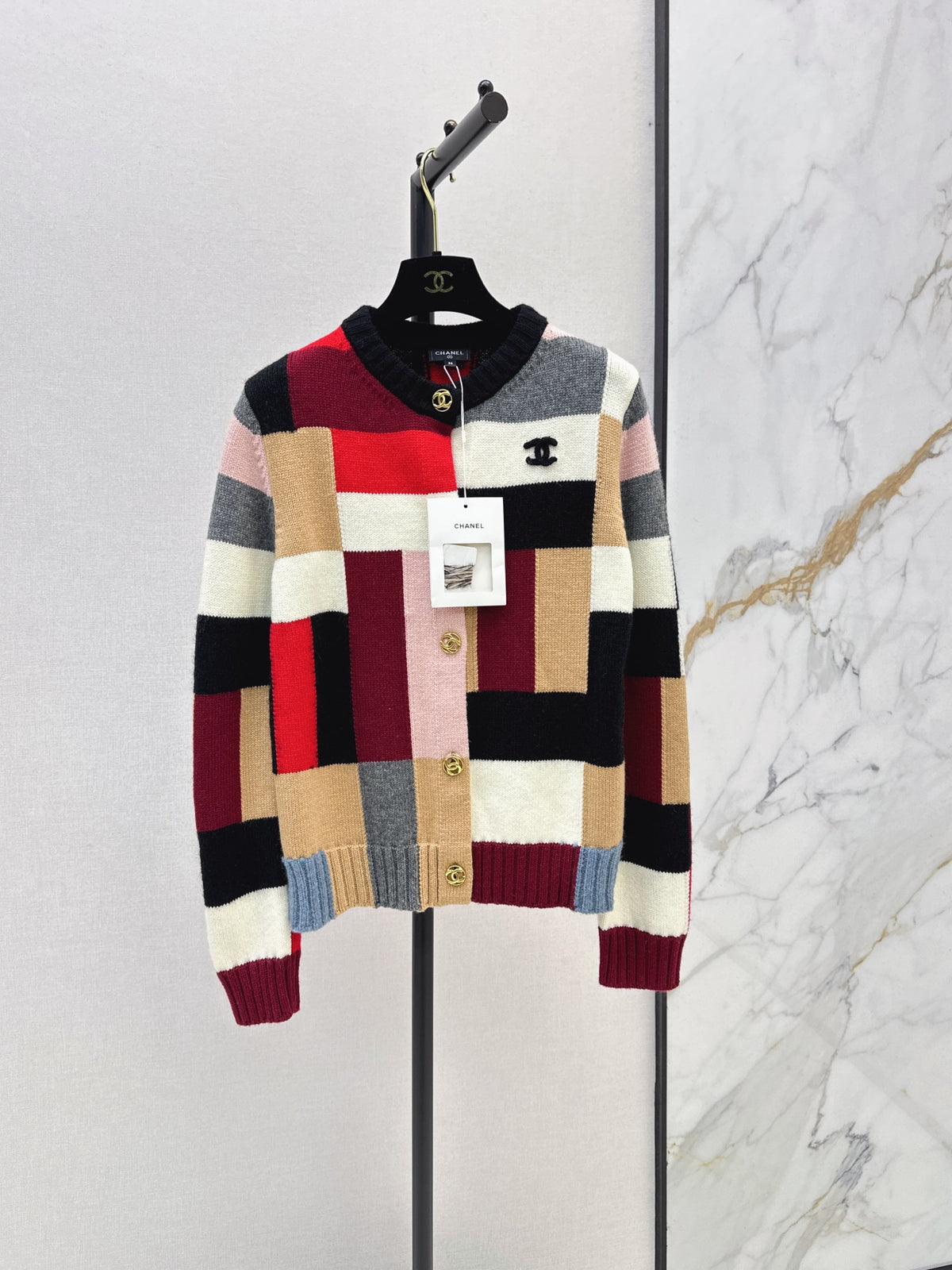 Color-Block Cashmere Cardigan with Metal Clasps