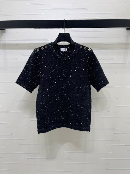 Shoulder-Button Knit Short-Sleeve Top