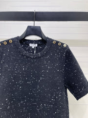 Shoulder-Button Knit Short-Sleeve Top