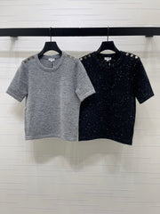 Shoulder-Button Knit Short-Sleeve Top