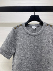 Shoulder-Button Knit Short-Sleeve Top