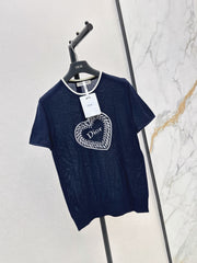 Short-Sleeved Knit Top with Heart Embroidery