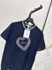 Short-Sleeved Knit Top with Heart Embroidery