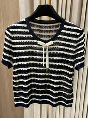 Striped Open-Knit Short-Sleeve Top