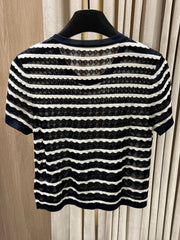 Striped Open-Knit Short-Sleeve Top