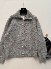 Mixed-Color Collared Knit Cardigan