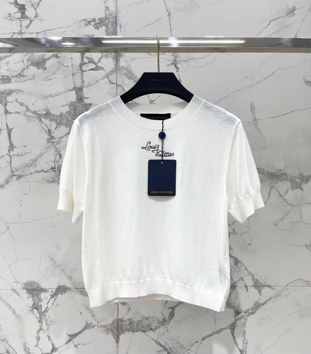 Embroidered Linen-Blend Knit Short-Sleeve Top