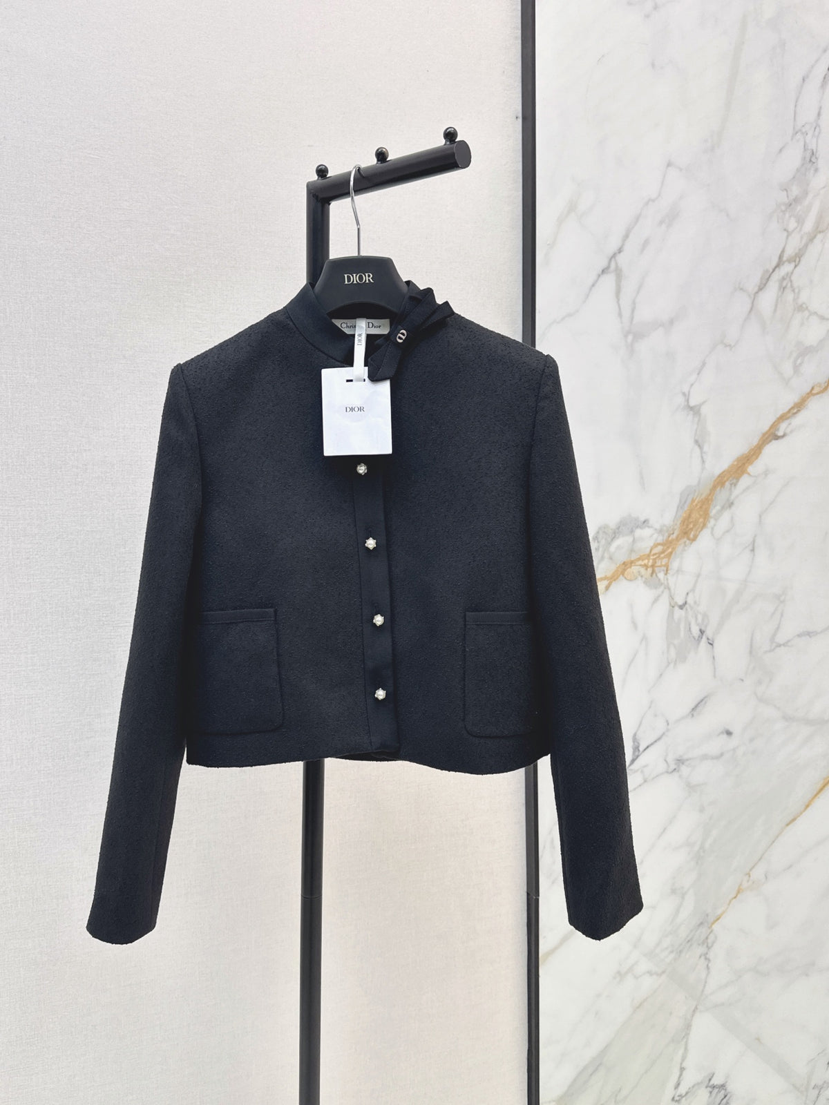 French-style stand-collar jacket with bow detail