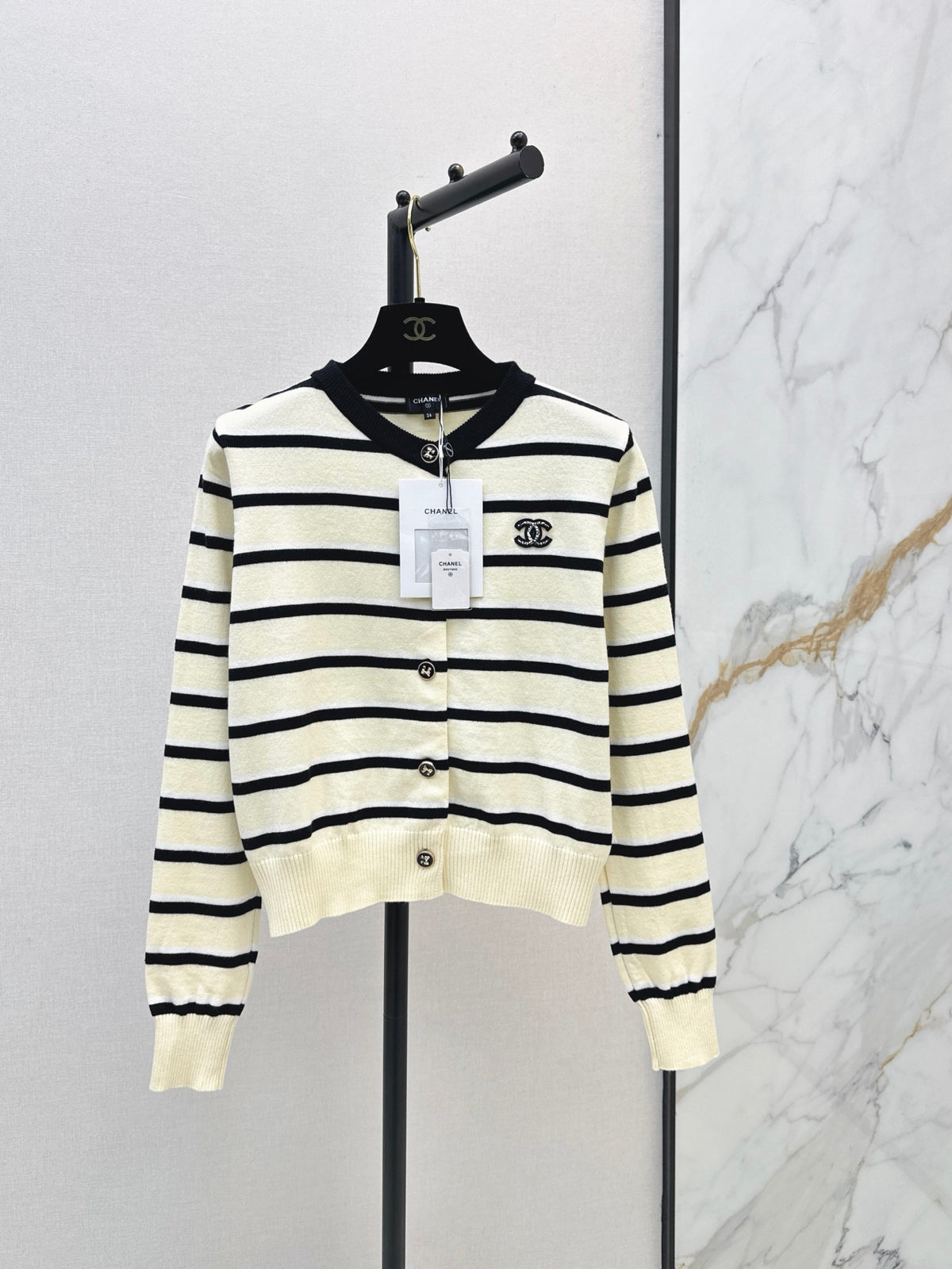 Black and White Striped Crew-Neck Knit Cardigan
