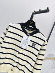 Black and White Striped Crew-Neck Knit Cardigan