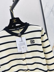 Black and White Striped Crew-Neck Knit Cardigan