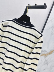 Black and White Striped Crew-Neck Knit Cardigan