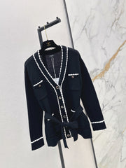 V-Neck Knit Cardigan with Contrast Trim and Four Pockets