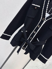 V-Neck Knit Cardigan with Contrast Trim and Four Pockets