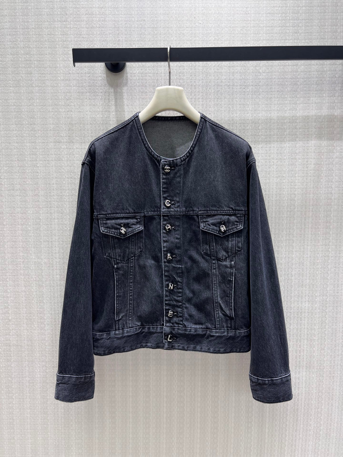 Distressed-Finish Crew-Neck Denim Jacket